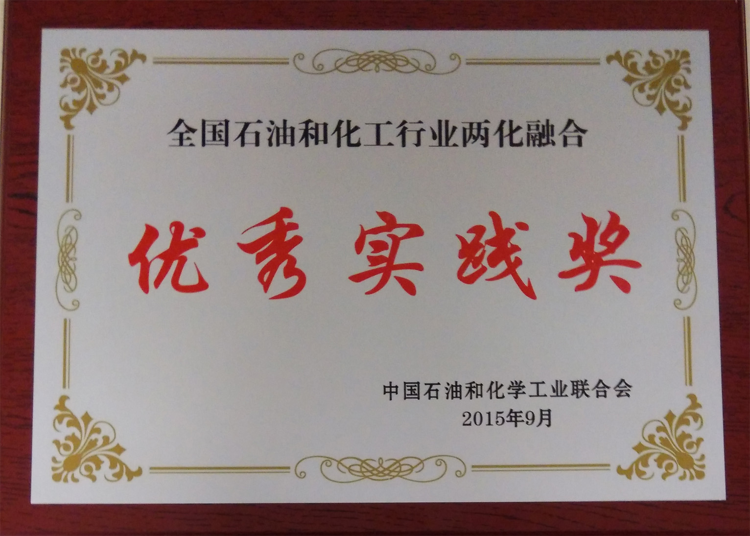 全國(guó)石油和化工行業(yè)兩化融合優(yōu)秀實(shí)踐獎(jiǎng)-橡膠谷集團(tuán)有限公司-中國(guó)石油和化學(xué)工業(yè)聯(lián)合會(huì)-2015.9